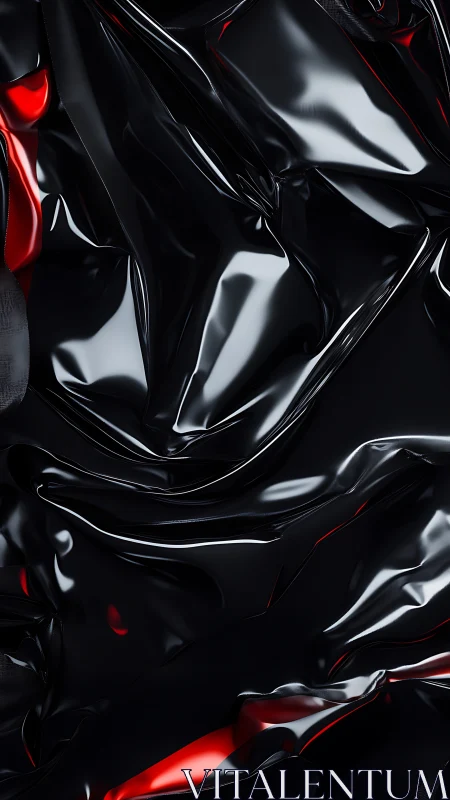 Glossy black synthetic folds reveal sharp red highlights