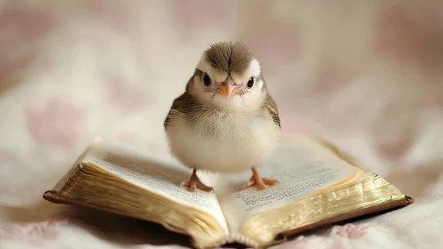 Little songbird poised atop open vintage book pages.