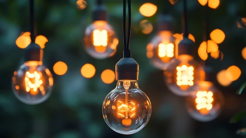 Warm string lights glow softly in a tranquil garden evening