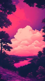 Contrasted landscape shows stylized river valley at sunset