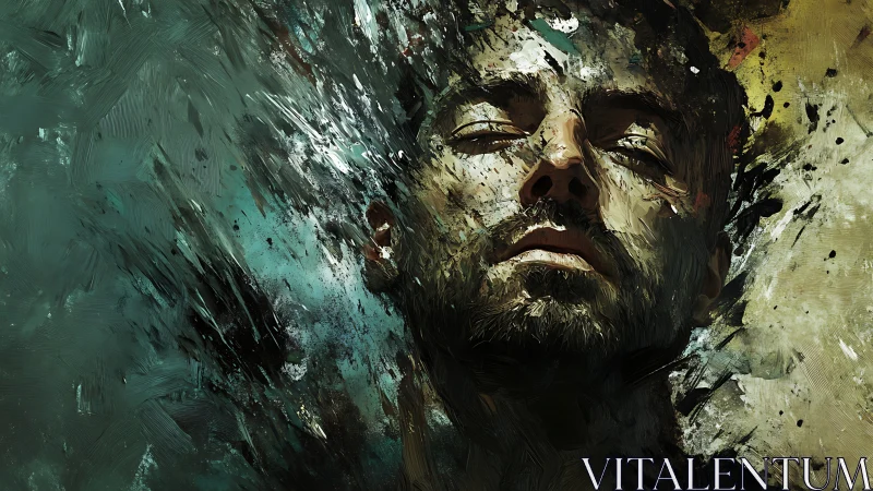 Textured male portrait dissolving into abstract teal brushfields