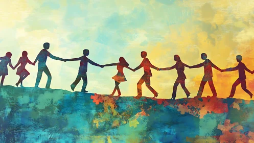 Silhouetted community figures united on abstract horizon.