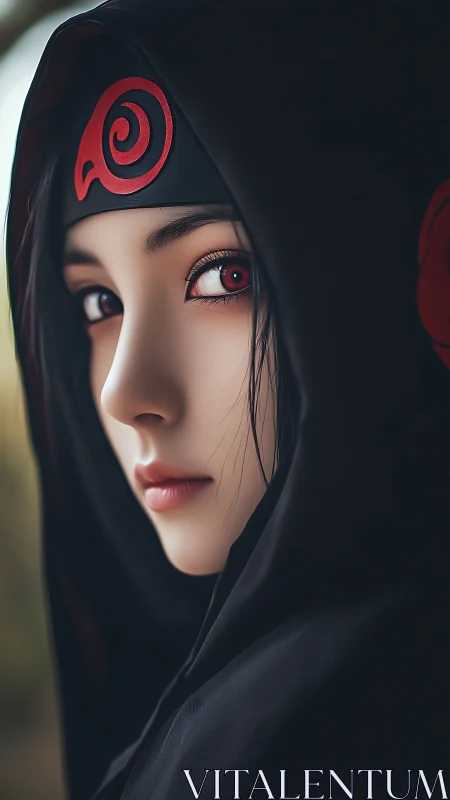 Hooded kunoichi portrait renders hyper-detailed red gaze