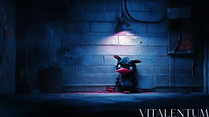 Small blue bird sits under a lonely light in quiet shadows