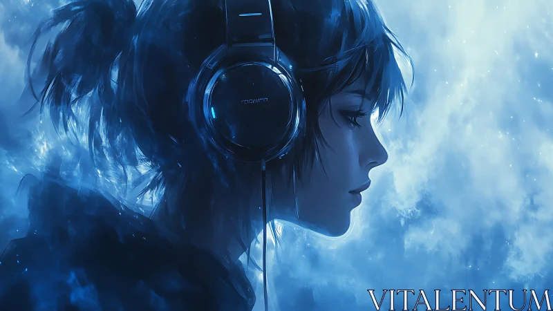 Blue-haired girl in headphones drifts through ambient light.