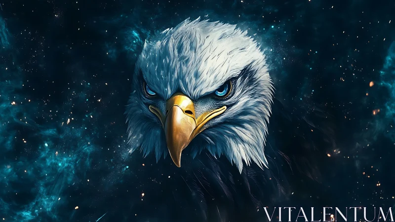 Majestic Bald Eagle Head in Cosmic Digital Art Style.
