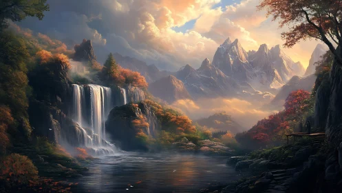 Mountain lake with waterfalls framed by autumn forest at dusk.