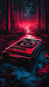 Cassette player on forest path under red ambient light.