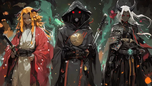 Three demon samurai warriors in dramatic fantasy lineup.