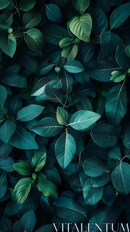 Moody close-up of layered green leaves in soft light.