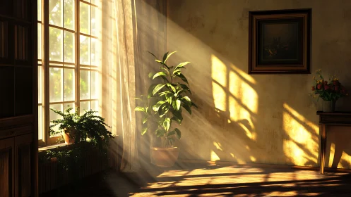 Sunlit interior with houseplants and warm wall shadows.