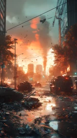 Armored convoy advances through burning urban warzone.