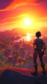 Sunset-lit stylized valley with lone backpacked figure overlooking.