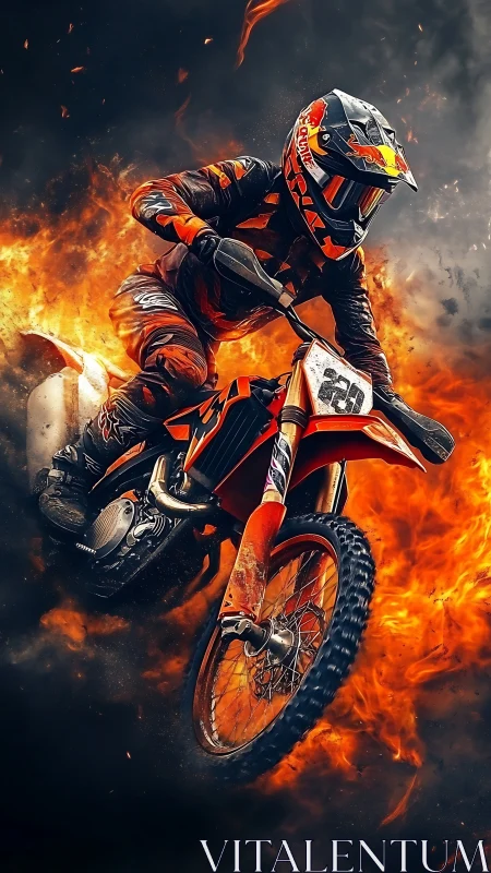 Motocross rider cuts through dynamic firestorm in vivid digital art