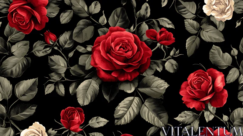 Dramatic Red Roses on Black Background with Vintage Garden Aesthetic