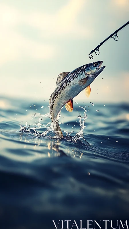 Fish jumps from choppy blue water toward fishing rod hook