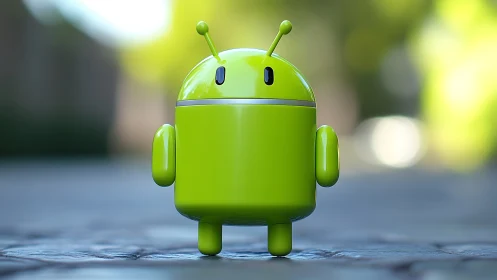 Green android mascot stands on sunlit cobblestone path.
