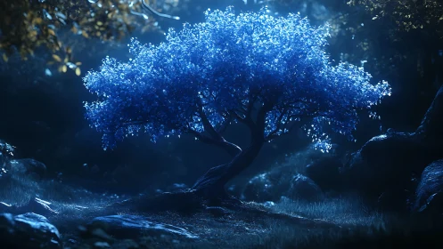 Moonlit sapphire tree whispering secrets to the forest floor.