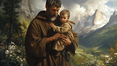 Monk cradling child in luminous alpine valley landscape.