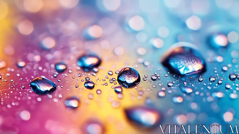 Macro water droplets scatter across neon gradient surface.