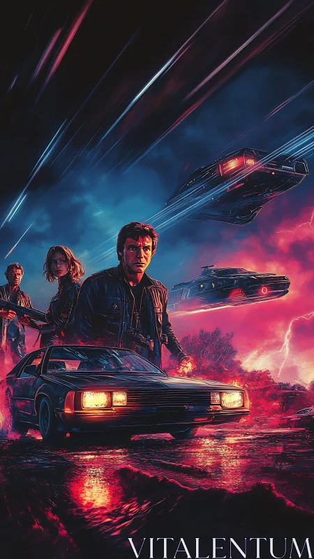 Neon soaked sci fi chase with retro car and hovercrafts.