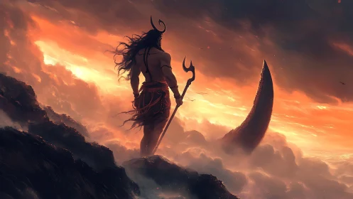Mythic horned warrior surveys fiery stormlit seascape.