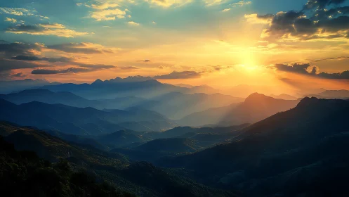 Layered mountain ranges recede beneath low sun and clouds