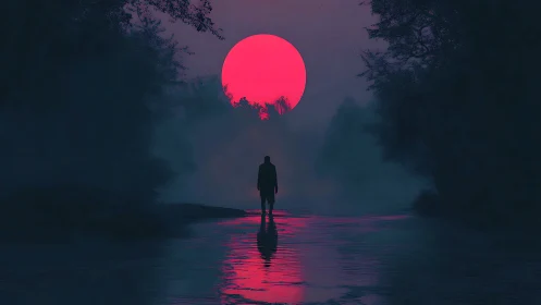 Silhouette stands in shallow water before oversized red sun