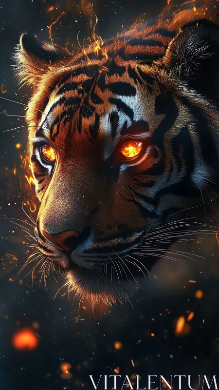 Ember-eyed tiger drifts through sparks and midnight smoke.