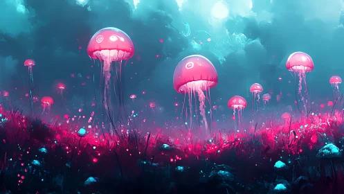 Neon jellyfish drift above glowing alien meadowscape.