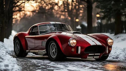 Red classic sports car with racing stripes on snowy sunset road