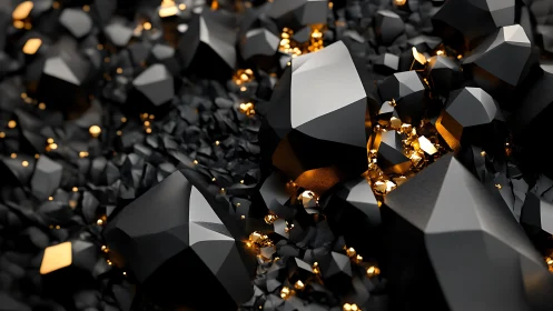 Black geometric crystals with glowing gold highlights.