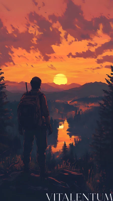 Backlit hiker surveying riverine valley at volumetric sunset.