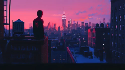 Quiet city rooftop moment with a lone masked hero at dusk.