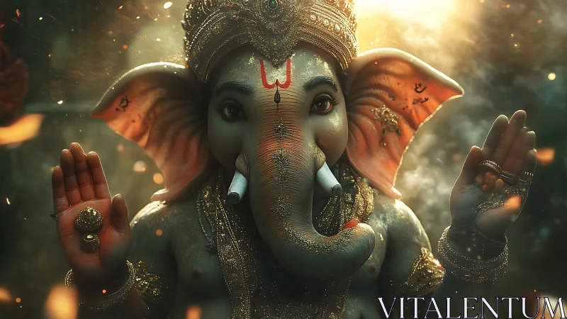 Ganesh-inspired deity in ornate 3D render with smoke.