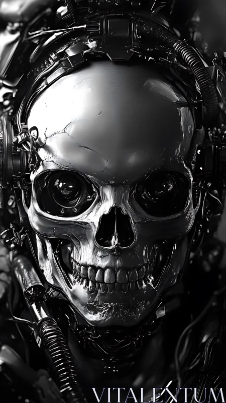 Chrome skeletal cybernetic head with mechanical tubing.