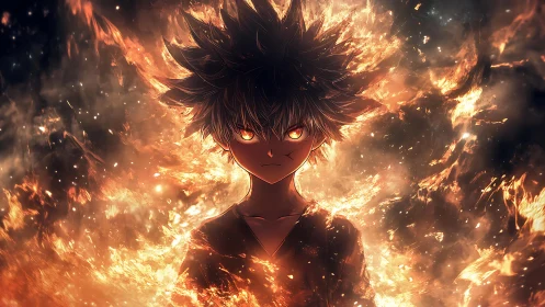Fiery anime hero standing strong in a storm of glowing flames.