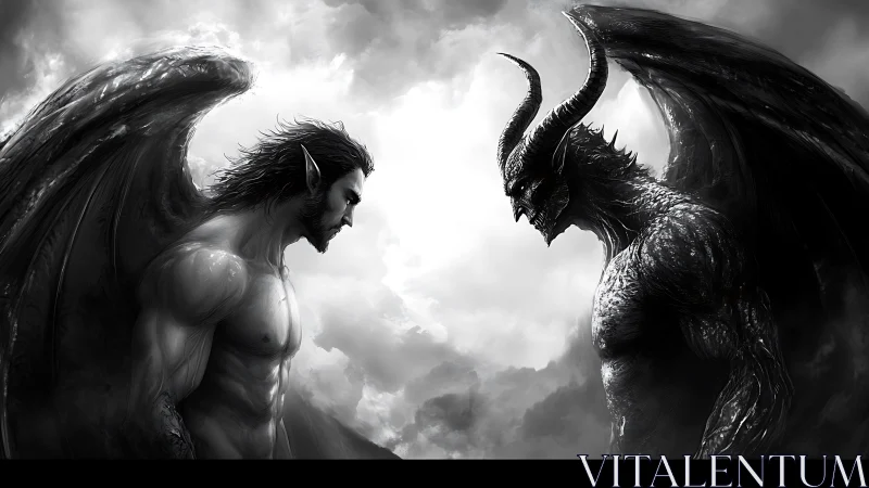 Staring down winged rivals in stormlit monochrome fantasy duel.