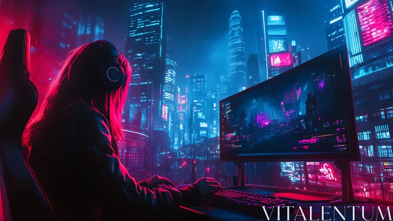 Neon-lit gamer immersed in futuristic cyberpunk skyline.