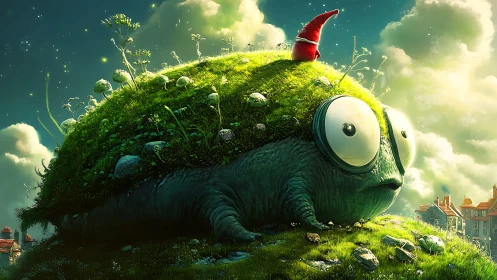 Whimsical moss turtle carries micro forest and gnome hat.