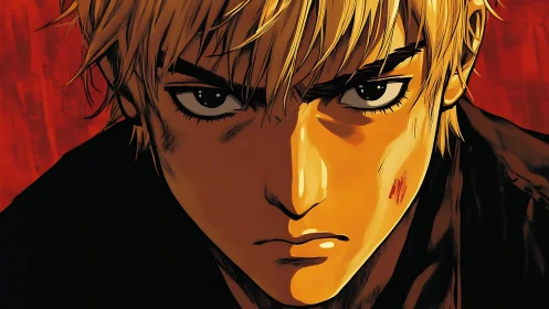 Intense blond anime fighter stares ahead with fierce resolve