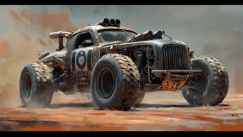 Armored off-road war rig powers across dusty wasteland