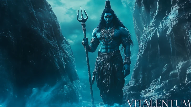 Blue-skinned trident-bearing figure stands in misty rock gorge