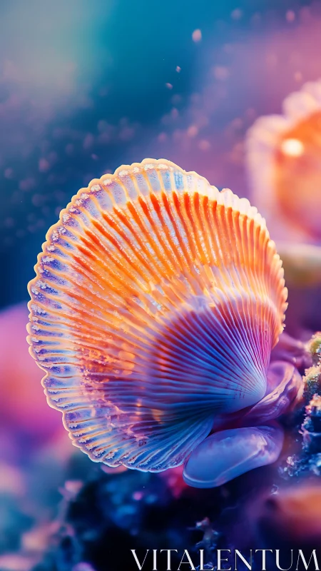 Macro shell study in luminous bicolor marine gradient lighting.