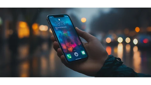 City rain, neon phone: pocket galaxy in a misty evening.