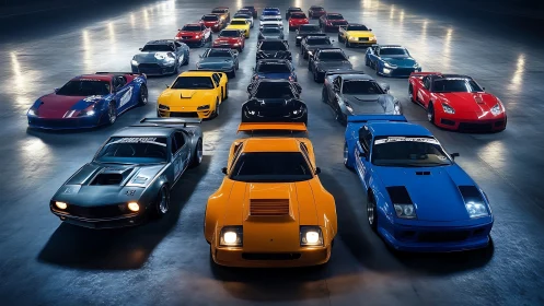 Multiple sports cars are aligned in organized frontal rows