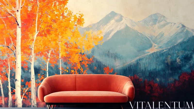 Autumn sofa quietly leans against a painted mountain horizon