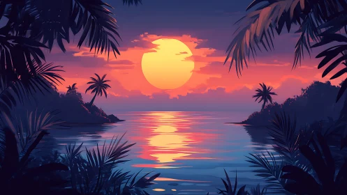 Tropical coastal sunset with silhouetted palms and foliage.