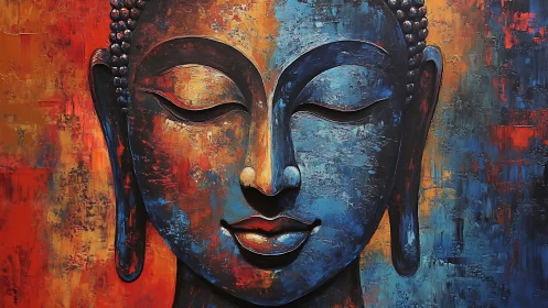 Textured blue Buddha portrait with warm orange impasto field