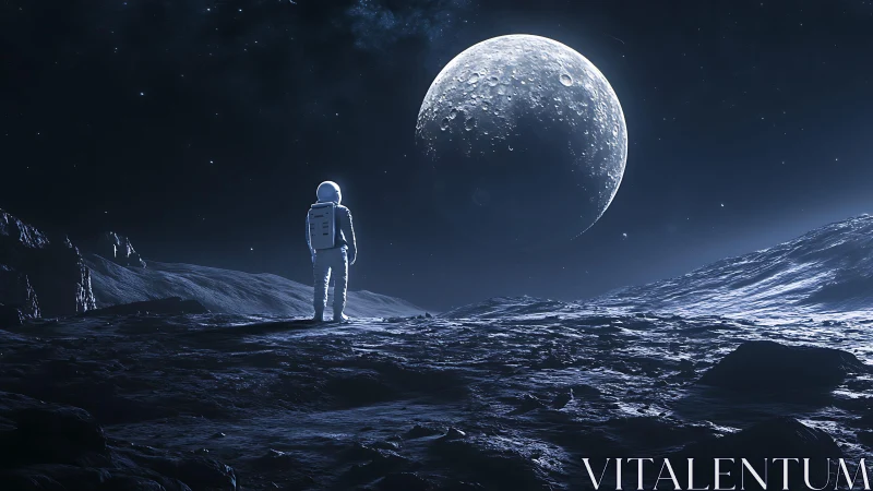 Astronaut stands on rocky moonlike terrain under large planet